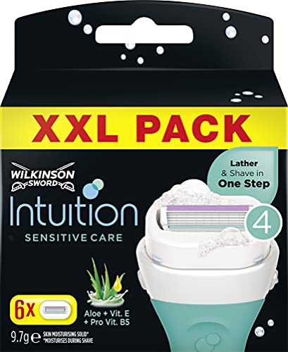 Wilkinson Intuition Sensitive Care - Pack XXL de 6 Recambios Intuition con Bandas Protectoras e Hidratantes de Aloe Vera, Vitamina E y Vitamina B5 - 6 Recambios